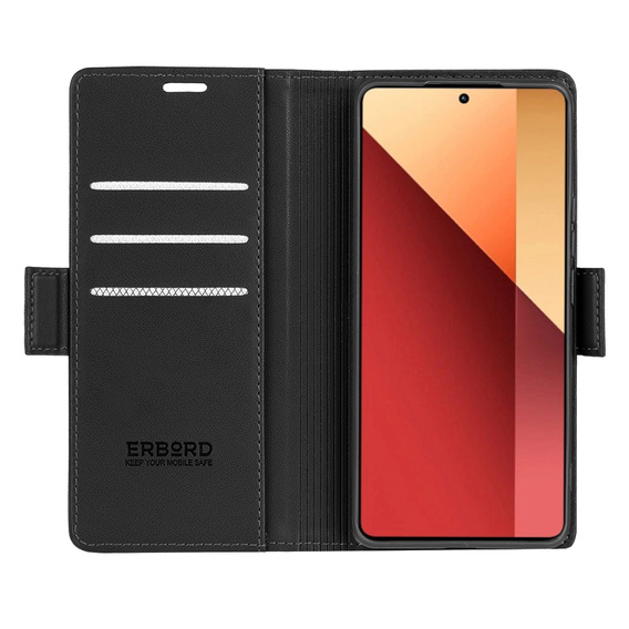 Tok Xiaomi Redmi Note 13 Pro 4G / Xiaomi Redmi Note 14S / Xiaomi Poco M6 Pro 4G, ERBORD Glossy Litchi, pénztárca patenttal, fekete