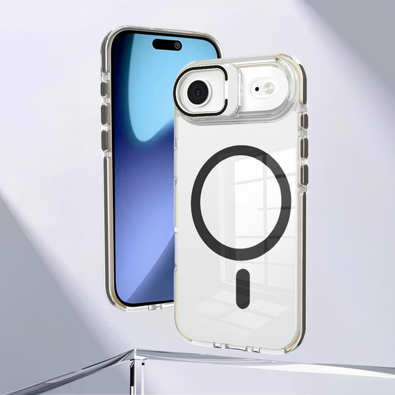 Tok iPhone Air készülékhez, MagSafe, állvánnyal, átlátszó, fekete betétekkel