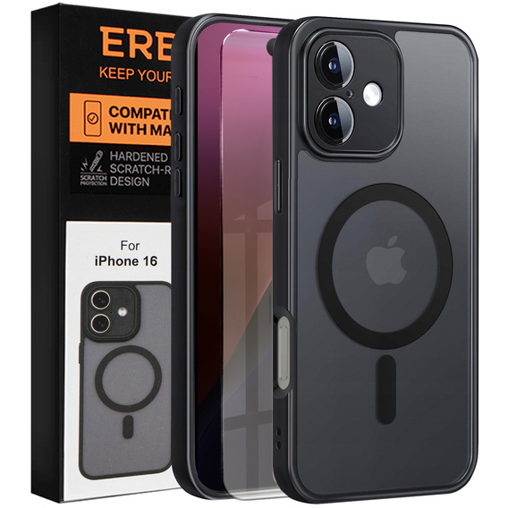 Tok iPhone 16-hoz, MagSafe, ERBORD Matt Case, fekete + képernyőüveg
