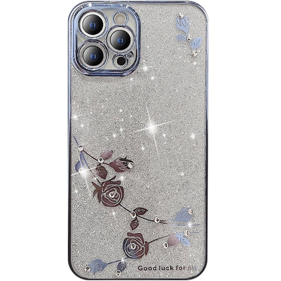 tok iPhone 13 Pro Max, csillogó virág, kék