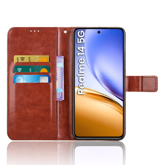 Pattintható tok a Realme 14 5G / Realme 14T 5G, Crazy Horse Wallet, barna