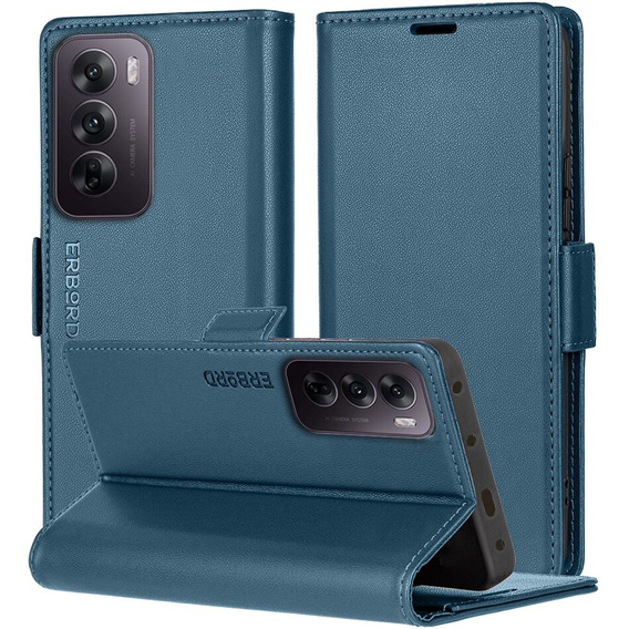 Tok Oppo Reno 12, ERBORD Glossy Litchi, pénztárca patenttal, kék