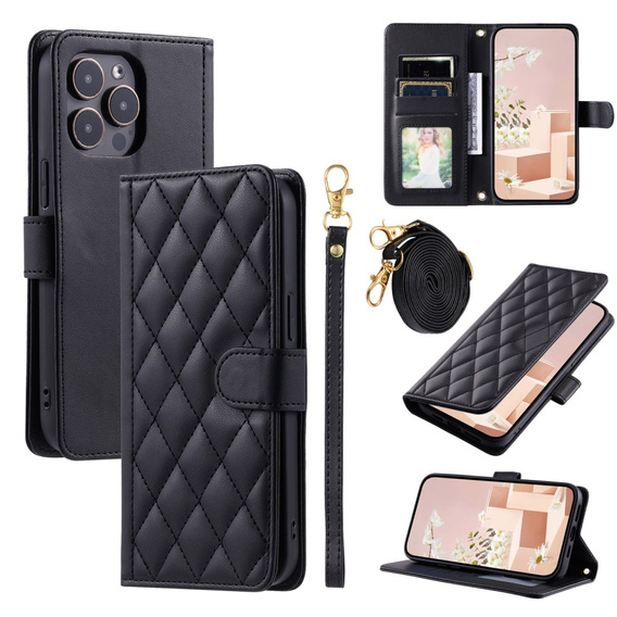 Flap tok iPhone 16 Pro, Rhombus Crossbody Leather, fekete