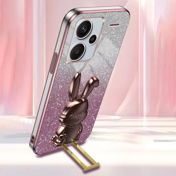 Tok Xiaomi Redmi Note 13 Pro+, Glitter Rabbit, kihúzható állvánnyal, rózsaszín