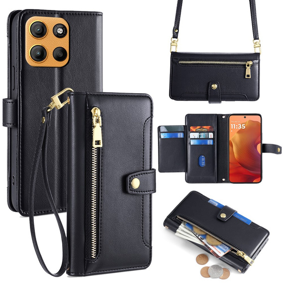 Pattintható tok a Motorola Moto G15 / G15 Power, Wallet Zipper Pocket, fekete
