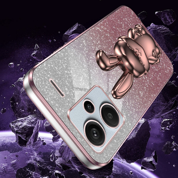 Tok Xiaomi Redmi Note 13 Pro+, Glitter Rabbit, kihúzható állvánnyal, rózsaszín