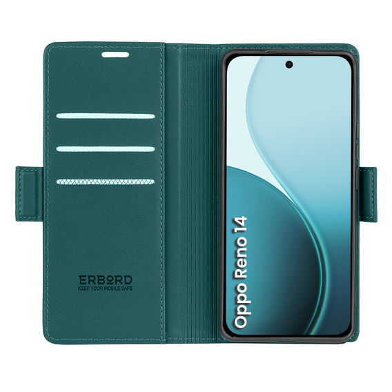 Tok Oppo Reno 14, ERBORD Glossy Litchi, pénztárca patenttal, zöld
