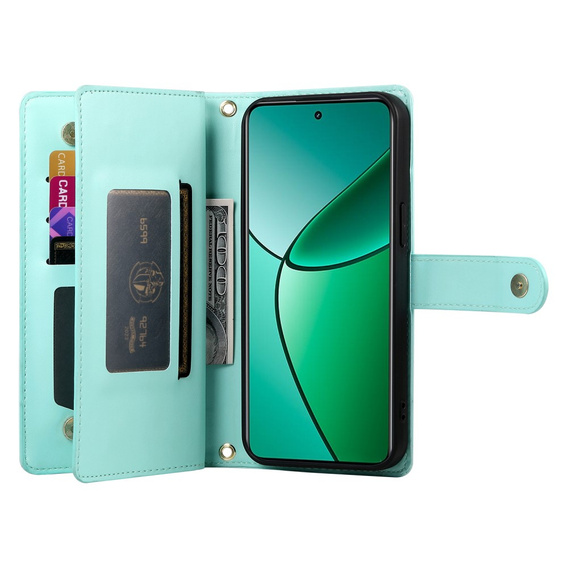 Pattintható tok a Realme 14 Pro 5G, Wallet Zipper Pocket, menta