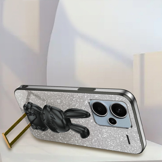 Tok Xiaomi Redmi Note 13 Pro+, Glitter Rabbit, kihúzható állvánnyal, fekete