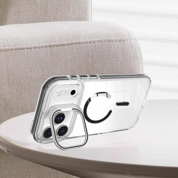 Tok iPhone 17 Pro Max készülékhez, MagSafe, állvánnyal, átlátszó, fekete betétekkel
