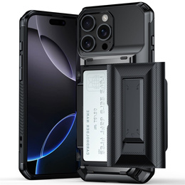 TPU + PC páncél tok kártyatartóval, fekete iPhone 16 Pro Max készülékekhez