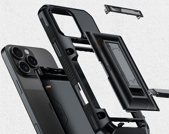 TPU + PC páncél tok kártyatartóval, fekete iPhone 16 Pro Max készülékekhez