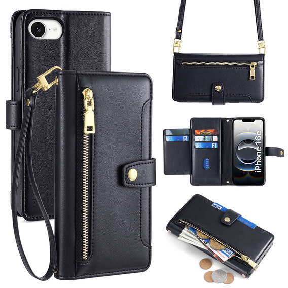 Pattintható tok a iPhone 16E, Wallet Zipper Pocket, fekete