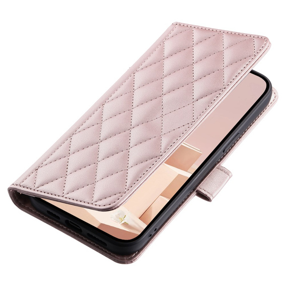 Flap tok iPhone 16 Pro, Rhombus Crossbody Leather, rózsaszín rose gold