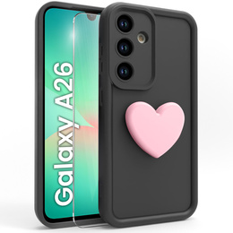 Tok Samsung Galaxy A26, Silicone Heart, fekete + 9H edzett