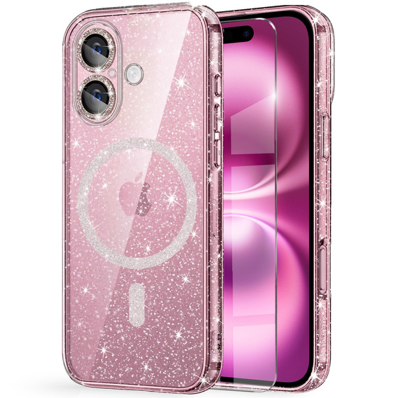 Tok iPhone 16-hoz, ERBORD Glitter MagSafe, rózsaszín + képernyőüveg