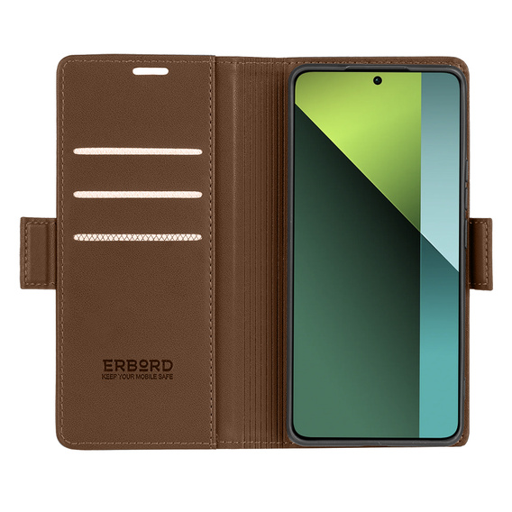 Tok Xiaomi Redmi Note 13 Pro 5G, ERBORD Glossy Litchi, pénztárca patenttal, barna