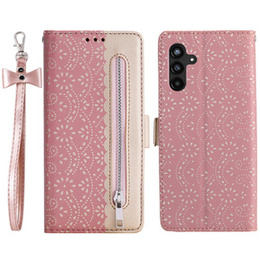 Flap tok Samsung Galaxy A35 5G, Wallet Pocket Zipper Lace, rózsaszín
