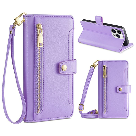 Pattintható tok a iPhone 15 Pro, Wallet Zipper Pocket, lila