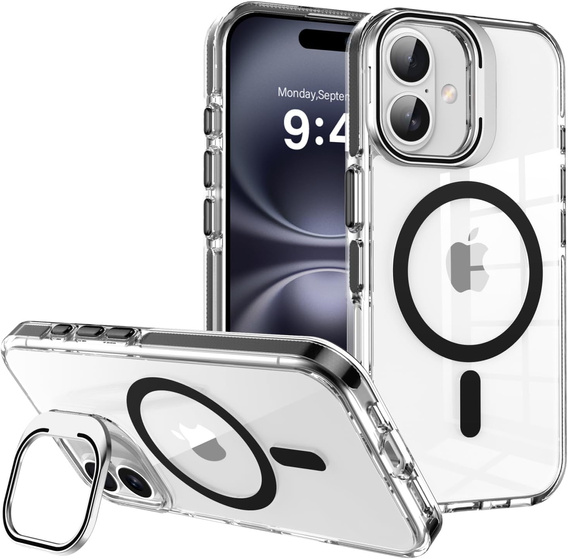 Tok iPhone 17 készülékhez, MagSafe, állvánnyal, átlátszó, fekete betétekkel