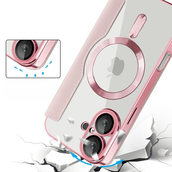Pattintható tok a iPhone 16, RFID Wallet MagSafe CamShield, rózsaszín