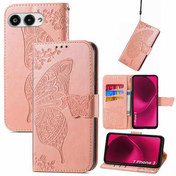 Pattintható tok a T Phone 3 5G, Butterfly, rózsaszín rose gold
