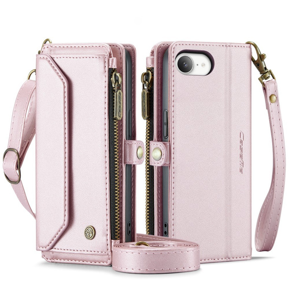 Tok CASEME iPhone16E, RFID Leather Wallet, vállpánttal, rózsaszín