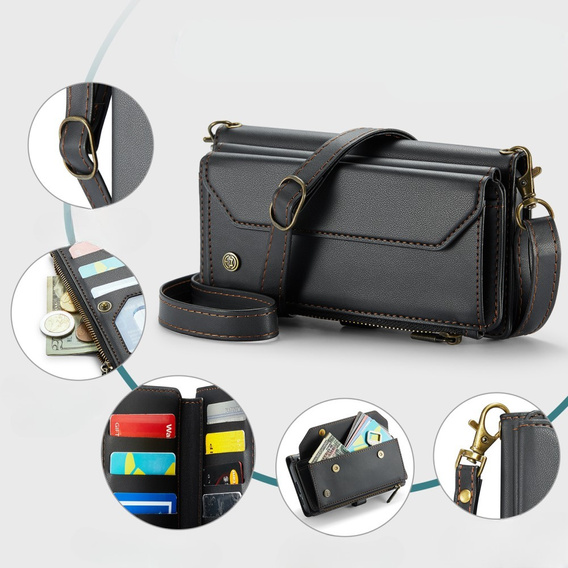 Tok CASEME Samsung Galaxy S24 FE, RFID Leather Wallet, vállpánttal, fekete