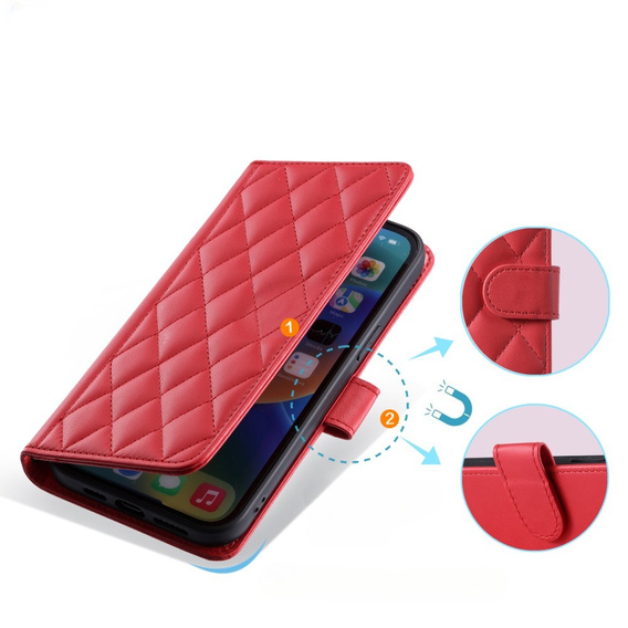 Flap tok iPhone 16 Pro Max, Rhombus Crossbody Leather, piros