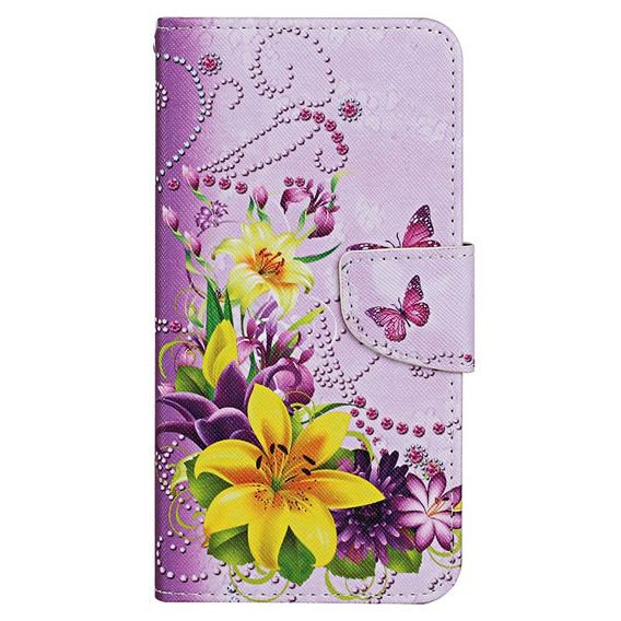 Pattintható tok a Xiaomi Redmi 13C / Poco C65, Wallet, Flowers and Butterflies, lila