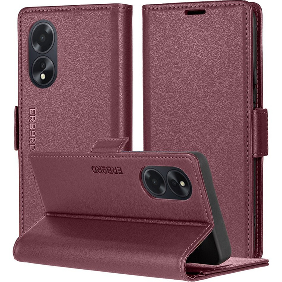 Tok Oppo A18 4G / A38 4G, ERBORD Glossy Litchi, pénztárca patenttal, piros