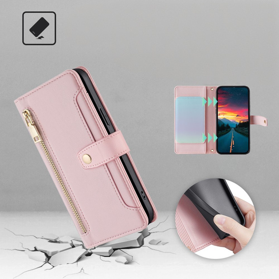 Pattintható tok a Realme 14 Pro+ 5G, Wallet Zipper Pocket, rózsaszín