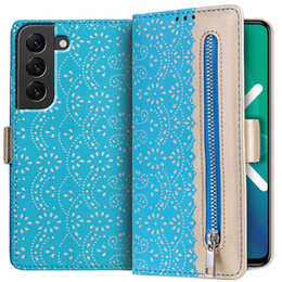Flap tok Samsung Galaxy S22+ Plus 5G, Wallet Pocket Zipper Lace, kék