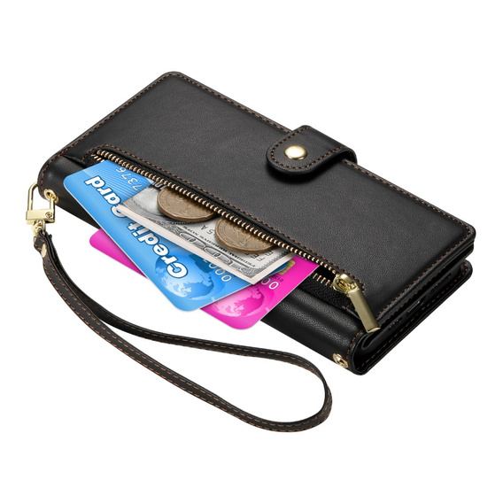Pattintható tok a Xiaomi 14T Pro, Wallet Zipper Pocket, fekete
