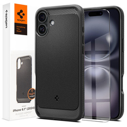 A Spigen tok iPhone 16, Rugged Armor MagSafe, fekete + edzett üveg 9H