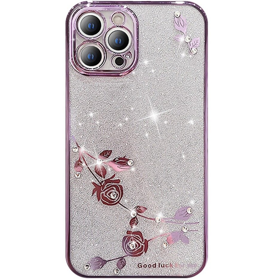 Tok iPhone 14 Pro, csillogó virág, lila