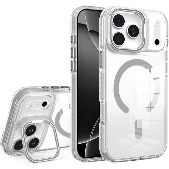 Tok iPhone 17 Pro Max készülékhez, MagSafe, állvánnyal, átlátszó, szürke betétekkel