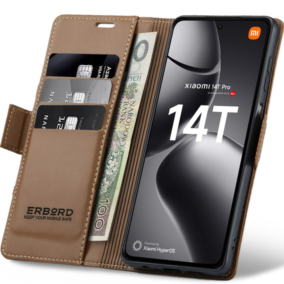 Tok Xiaomi 14T Pro, ERBORD Glossy Litchi, pénztárca patenttal, barna