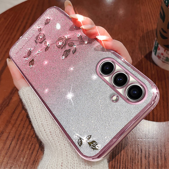 tok Samsung Galaxy A54, csillogó virág, rózsaszín rose gold
