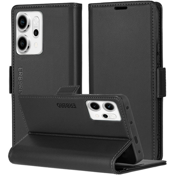 Tok Oppo Reno 14, ERBORD Glossy Litchi, pénztárca patenttal, fekete