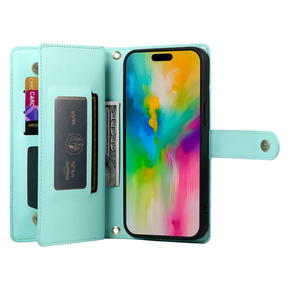 Pattintható tok a iPhone 16 Pro, Wallet Zipper Pocket, zöld