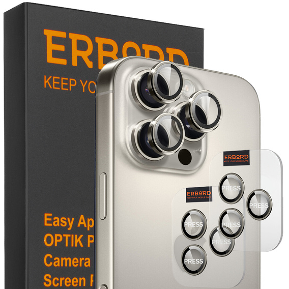 2x ERBORD OPTIK Pro edzett üveg iPhone 16 Pro/16 Pro Max / 15 Pro/15 Pro Max/14 Pro/14 Pro Max kamera számára, titánium