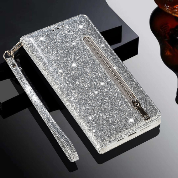 Pattintható tok a Samsung Galaxy A56 5G, Wallet Zipper Pocket Glittery, ezüst