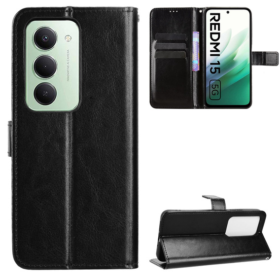 Pántos tok Xiaomi Redmi 15 5G / 4G, texturált Crazy Horse, fekete