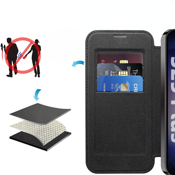 Pattintható tok a Samsung Galaxy S25, RFID Rhombus Wallet MagSafe CamShield, fekete