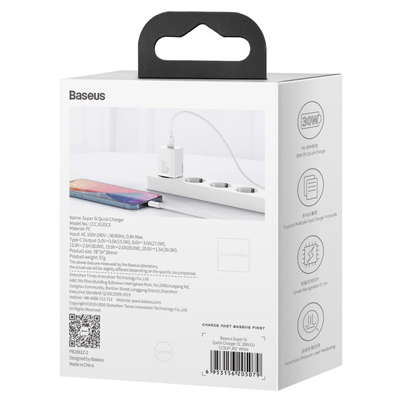 Baseus Super Si PD 30 W-os hálózati töltő, 1× USB-C okostelefonokhoz