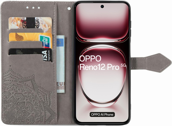 Pattintható tok a Oppo Reno 12 Pro, Mandala, szürke