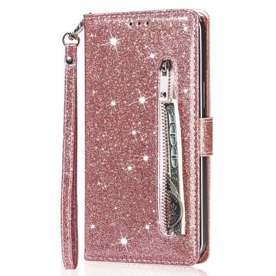 Pattintható tok a Samsung Galaxy A35 5G, Wallet Zipper Pocket Glittery, rózsaszín rose gold