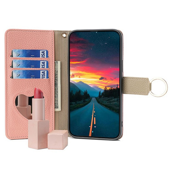 Flip tok Samsung Galaxy A56 5G, Wallet Zipper Pocket, tükörrel, rózsaszín