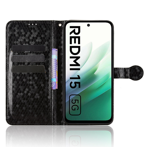 Pántos tok Xiaomi Redmi 15 5G / 4G, pénztárca rombusz, fekete